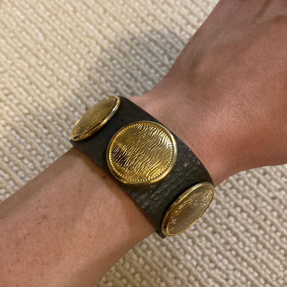 Leather Cuff Bracelet with Gold Coins